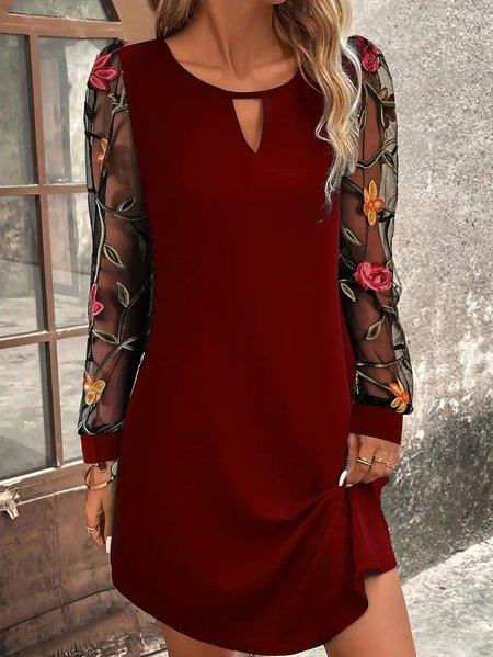 

Women Plain Long Sleeve Comfy Casual Lace Mini Dress, Wine red, Dresses