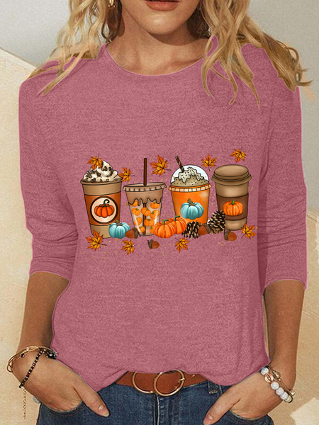 

Halloween Pumpkin Print Crew Neck Long Sleeve Loose Blouse For Women, Watermelon, T-shirts