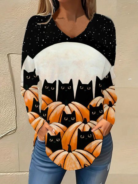 

V Neck Long Sleeve Halloween Regular Micro-Elasticity Loose Blouse For Women, Black, Blouses