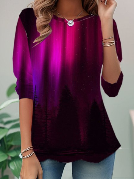 

Casual Abstract Crew Neck Long Sleeve T-shirt, Purple, T-shirts