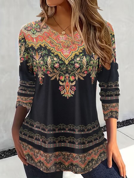 Casual Ethnic Floral Print Crew Neck Long Sleeve T-shirt, Black, T-shirts