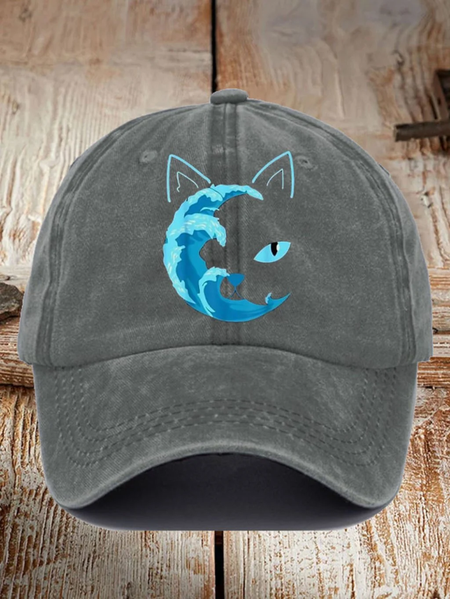 

Unisex Blue Waves&Cats Printed Hat, Gray, Hats