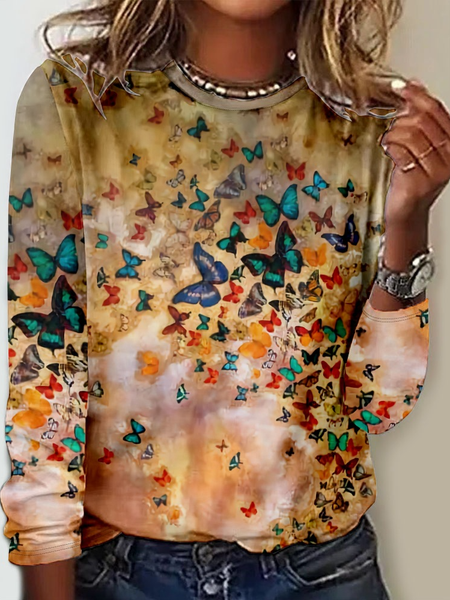 

Casual Butterfly Crew Neck Long Sleeve T-shirt, Yellow, T-shirts