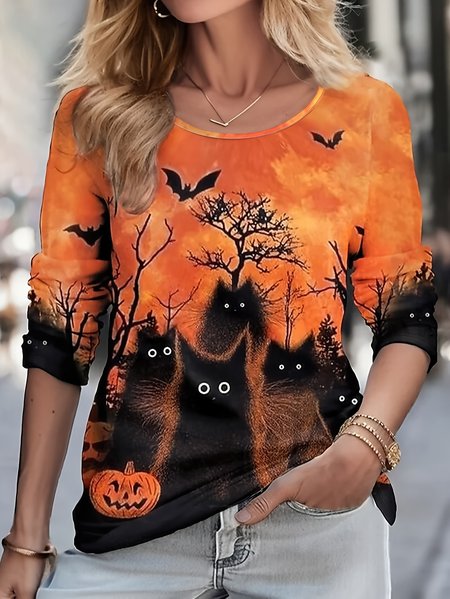 

Casual Halloween Crew Neck Long Sleeve T-shirt, Multicolor, T-shirts