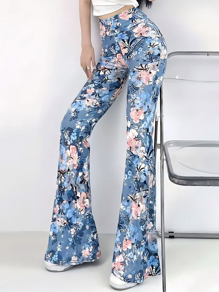 

Women's Trousers Flare Pants Daily Going Out Casual Printing Floral Spring/Fall Pants, Sky blue, Bottoms