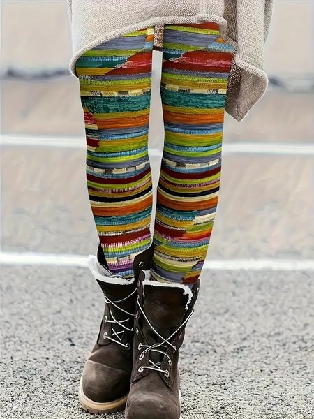 

Casual Abstract Stripes Long Leggings, Green, Leggings