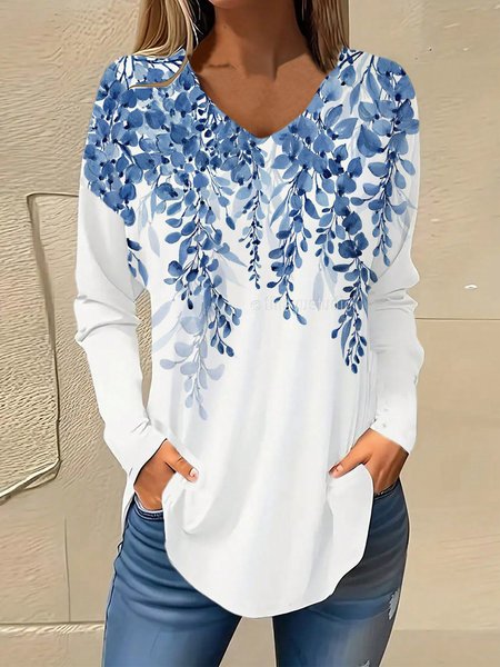 

V Neck Long Sleeve Floral Regular Micro-Elasticity Loose Blouse For Women, Blue, Blouses
