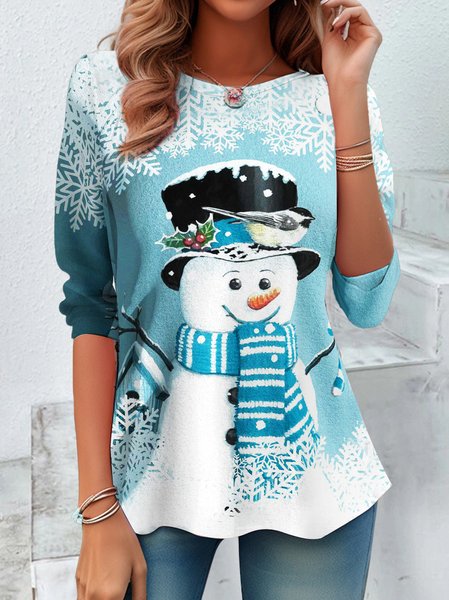 

Women's Long Sleeve Tee T-shirt Spring/Fall Christmas Snowman Printing Jersey Crew Neck Holiday Going Out Vintage Top, Light blue, T-Shirts