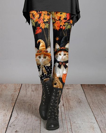 Tight Halloween Jersey Casual Leggings, Black, Leggings