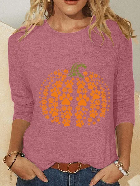 

Paw Pumpkin Print Halloween Casual Long Sleeve Shirt, Watermelon, Long sleeves