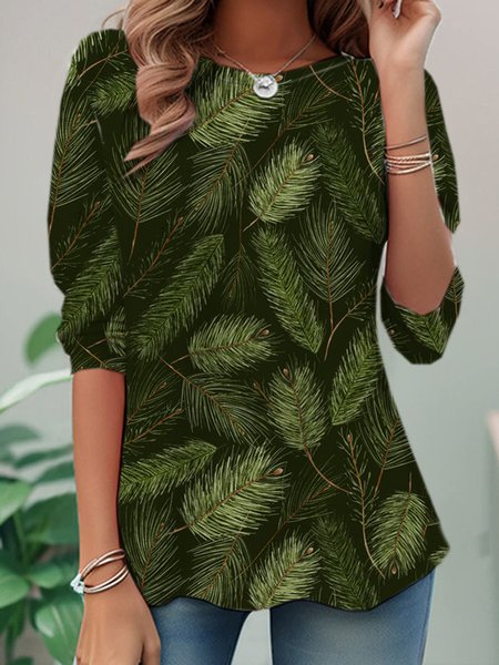 

Casual Leaf Crew Neck Long Sleeve T-shirt, Green, T-shirts