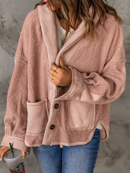 

Lapel Collar Loose Linen Teddy Jacket, Pink, Outerwear