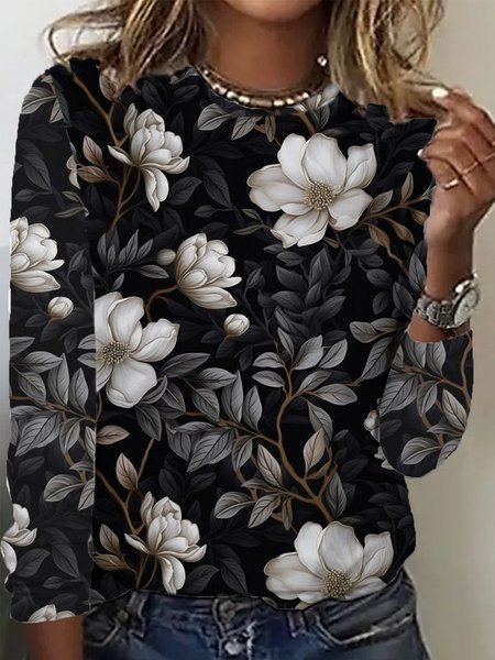 

Casual Floral Print Crew Neck Long Sleeve T-shirt, Black, T-shirts