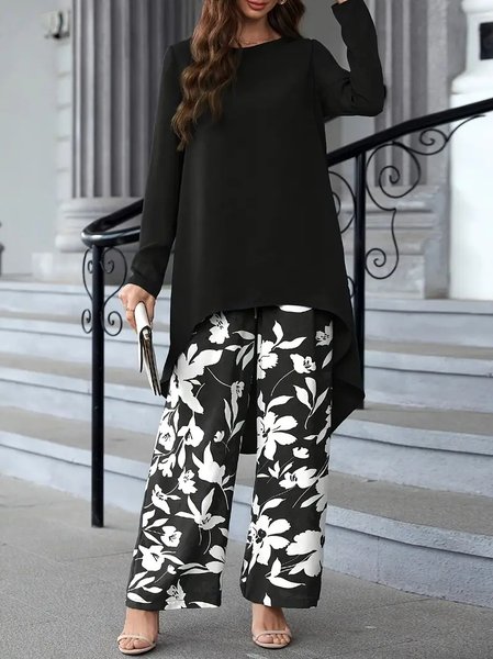 

Women Floral Crew Neck Long Sleeve Comfy Casual Top With Pants Two-Piece Set, Black, Sets