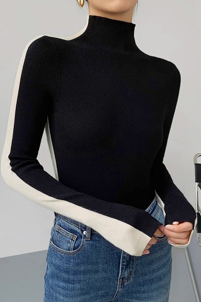 

Tight Casual Split Joint Regular Sleeve Color Block Sweater, Black-white, Pullovers