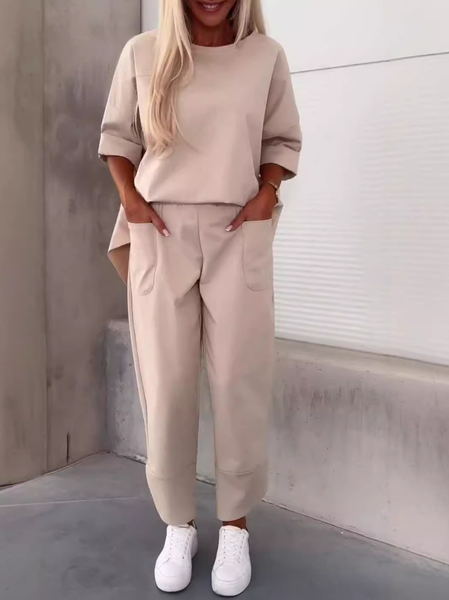 

Women Plain Crew Neck Three Quarter Sleeve Comfy Casual Top With Pants Two-Piece Set, Apricot, Sets