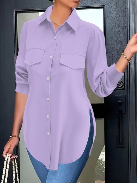 

Shirt Collar Long Sleeve Plain Regular Loose Shirt For Women, Purple, Shirts