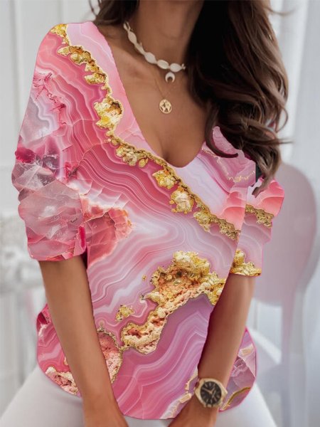 

Casual Abstract V Neck Long Sleeve T-shirt, Pink, T-shirts