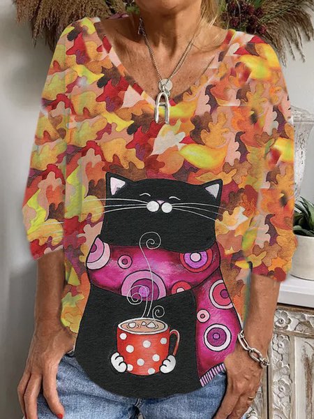 

Casual Halloween Cute Cat Print V Neck Long Sleeve T-shirt, Orange, T-shirts