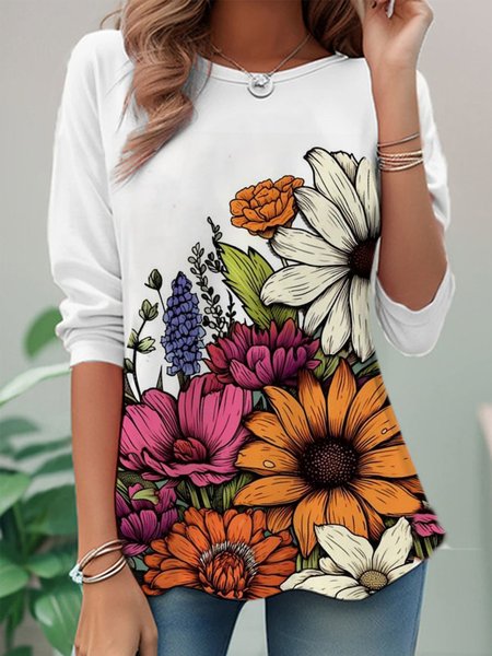 

Casual Floral Crew Neck Long Sleeve T-shirt, White, T-shirts