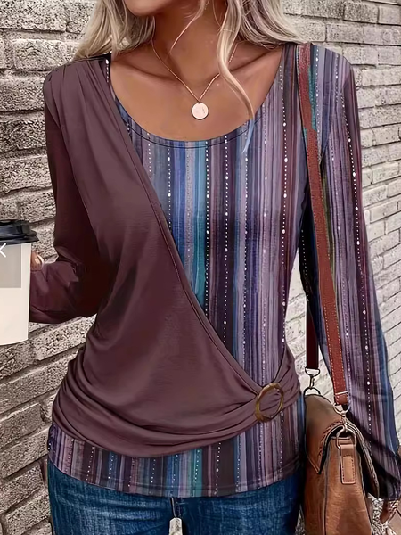 

Crew Neck Long Sleeve Striped Regular Medium Elasticity Regular Fit Blouse For Women, Brown, Blouses
