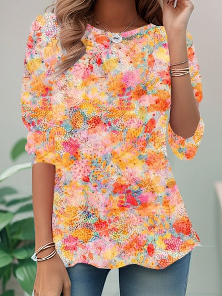

Casual Floral Crew Neck Long Sleeve T-shirt, Orange, T-shirts