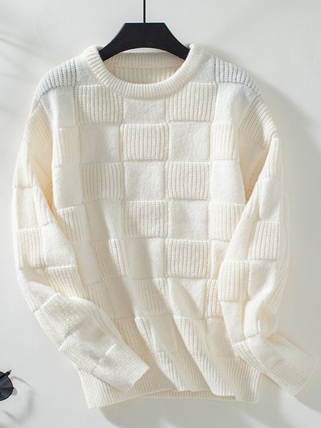 Casual Plaid Yarn/Wool Yarn Sweater, Off white, Sweaters & Cardigans