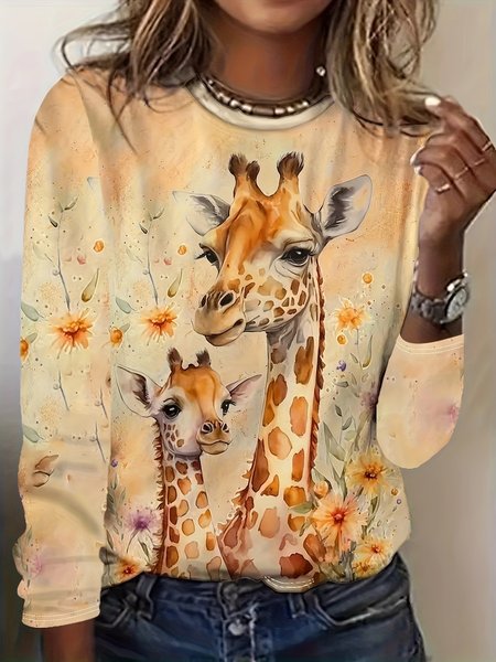 

Loose Jersey Casual Crew Neck T-Shirt, Yellow, Long sleeves