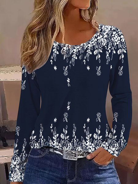 

Casual Floral Crew Neck Long Sleeve T-shirt, Blue, T-shirts