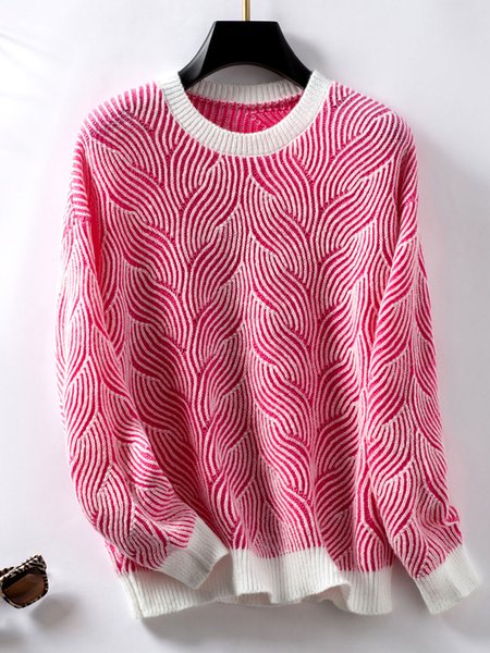 Casual Geometric Yarn/Wool Yarn Sweater, Rose red, Sweaters & Cardigans