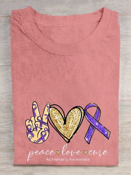 

Peace Love Cure, Purple Ribbon Heart, Alzheimer's Awareness Cotton T-shirt, Orange pink, T-shirts