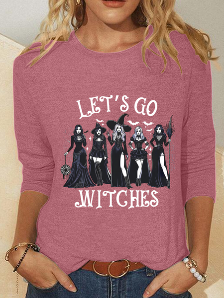 

Vintage Witchy Vibes Pink Halloween Let's Go Witches Casual Long Sleeve Shirt, Watermelon, Long sleeves