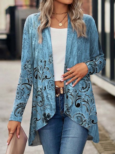 

Women's Spring/Fall Outerwear Vintage Floral Jersey Shawl Jacket, Blue, Cardigans