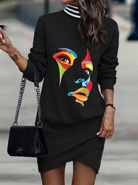 

Women Striped Mock Neck Long Sleeve Comfy Casual Midi Dress, Black, Sweashirt Dress