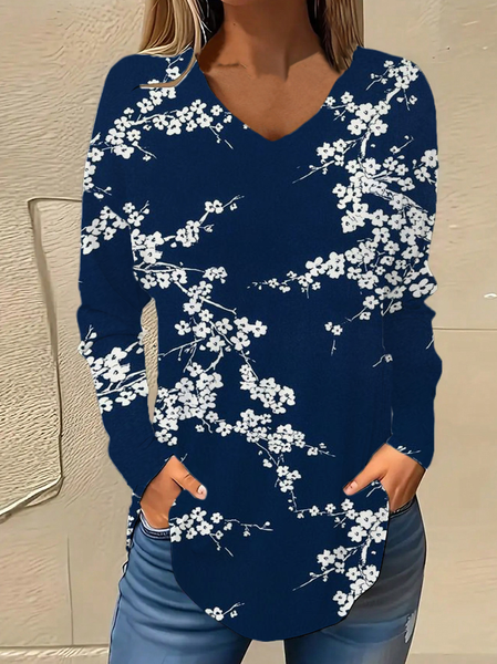

V Neck Long Sleeve Floral Regular Micro-Elasticity Loose Blouse For Women, Blue, Blouses