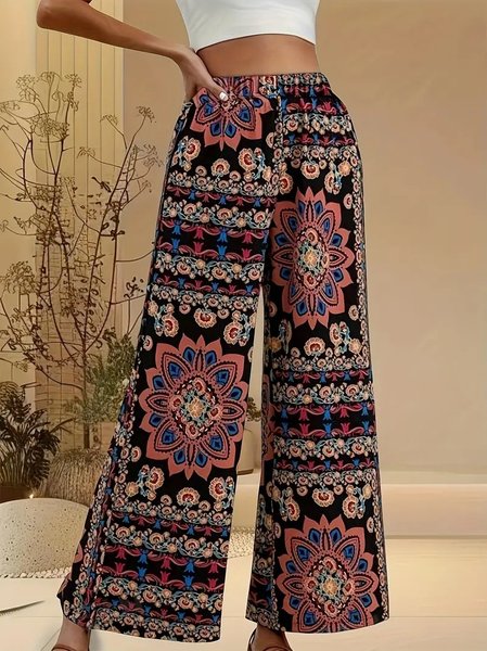 

Women's Trousers Wide Leg Pants Daily Going Out Casual Printing Ethnic Spring/Fall Pants, Flower, Bottoms