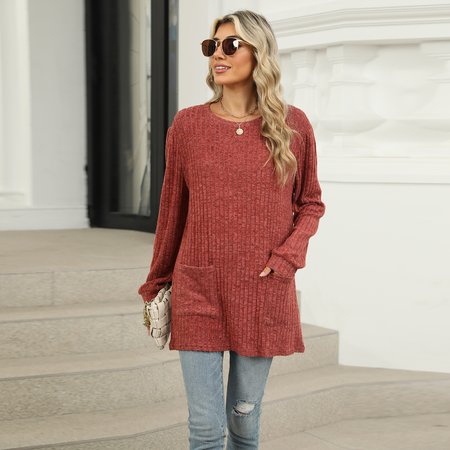 

Women's Long Sleeve Blouse Spring/Fall Plain Pocket Stitching Crew Neck Daily Going Out Casual Top, Caramel, Shirts