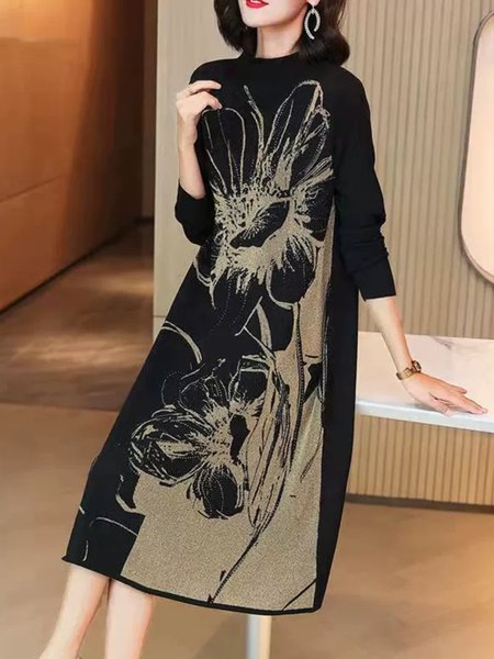 

Elegant Crew Neck Floral Loose Sweater Dress, As picture, Midi Dresses