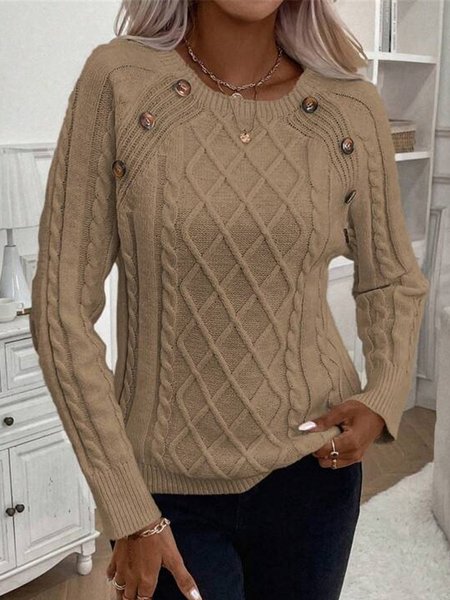 Women Yarn/Wool Yarn Plain Long Sleeve Comfy Casual Buckle Sweater, Khaki, Sweaters