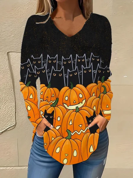 

V Neck Long Sleeve Halloween Regular Micro-Elasticity Loose Blouse For Women, Black, Blouses