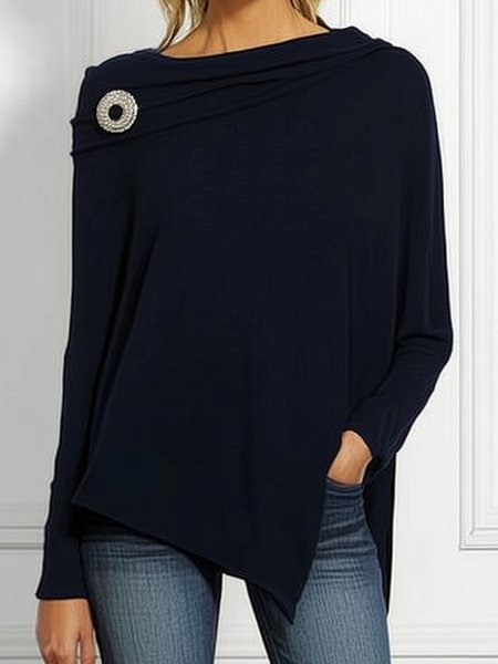 

Daily Ruched Loose Plain Blouse With Brooch, Deep blue, Blouses and Shirts