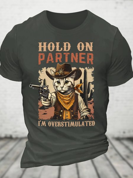 

Hold On Partner I'm Overstimulated Western Cat Cowboy Cotton T-shirt, Dark gray, T-shirts