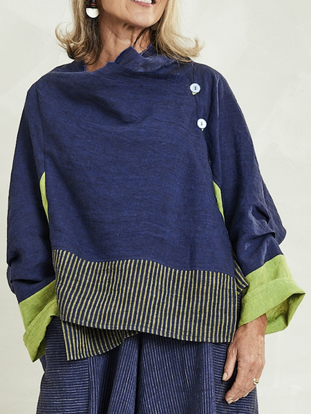 

Regular Fit Plain Linen Blouse, Blue, Long/Full Length Sleeve