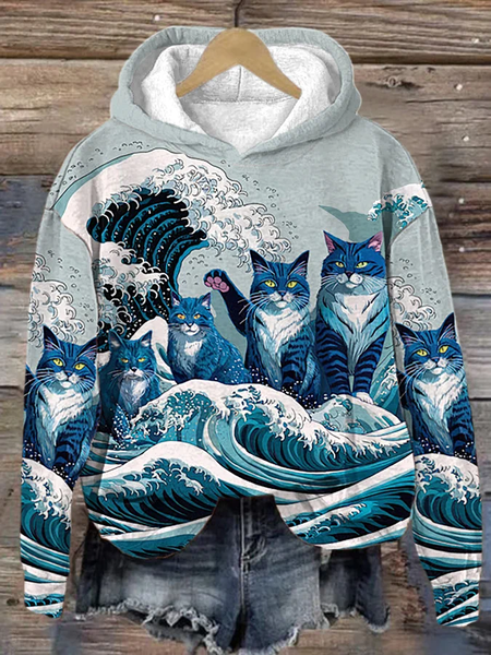 Women's Blue Waves & Cats Print Hoodie, Hoodies&Sweatshirts