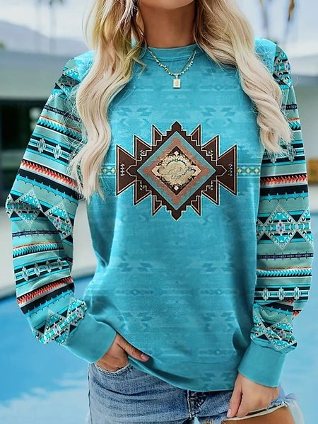 

Casual Crew Neck Loose Nationality/Ethnic Sweatshirt, Blue, Hoodies&Sweatshirts