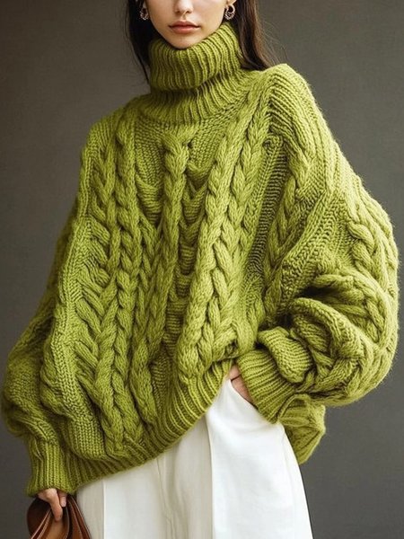 

Loose Plain Turtleneck Long Sleeve Sweater, Green, Pullovers