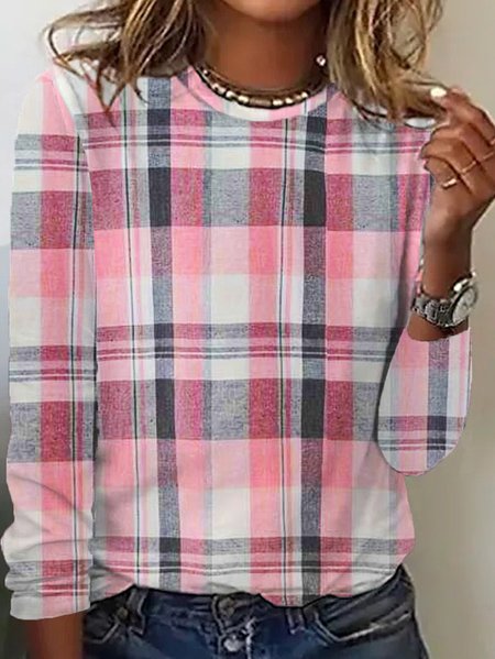 

Casual Jersey Crew Neck Plaid T-Shirt, Pink, Long sleeves