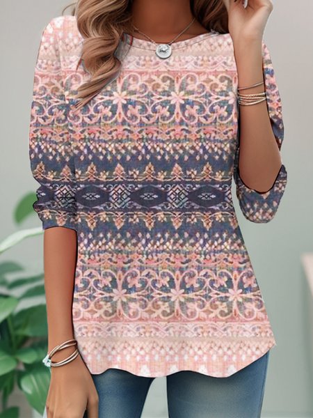 

Casual Crew Neck Ethnic Jersey T-Shirt, Pink, Long sleeves