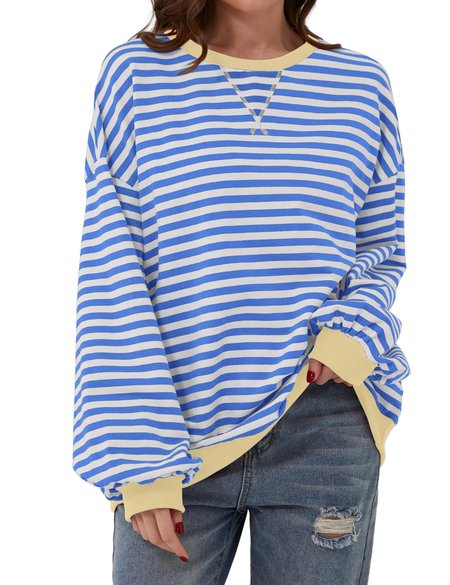 Casual Crew Neck Striped Sweatshirt, Aqua blue, Hoodies & Sweatshirts