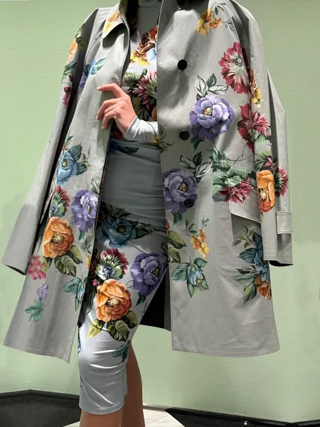 

Shirt Collar Long Sleeve Loose Floral Urban Trench Mid-long Coat, As picture, Trench Coats